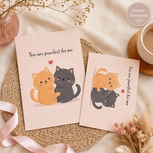 Cat Love Card Printable | Foldable PDF Romantic Design | Valentine Anniversary Couple