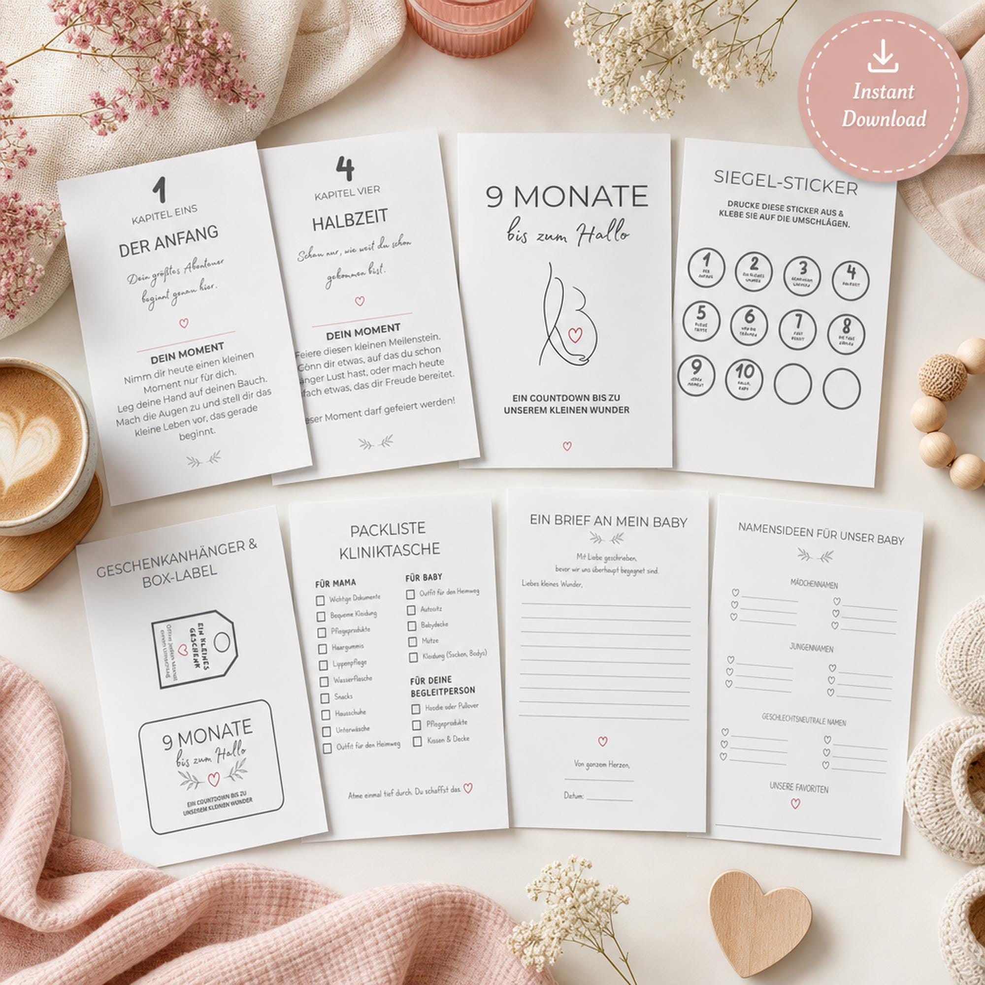 German pregnancy printable bundle with milestone cards, sticker sheet, packing list, baby letter, and name ideas worksheet