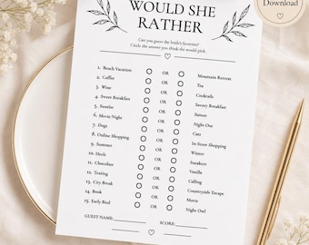 Would She Rather Bridal Shower Game | Printable Bride Trivia Activity | Bachelorette Party Celebration