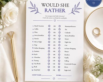 Bridal Shower Would She Rather Game | Royal Blue Printable Activity | Commitment Celebration