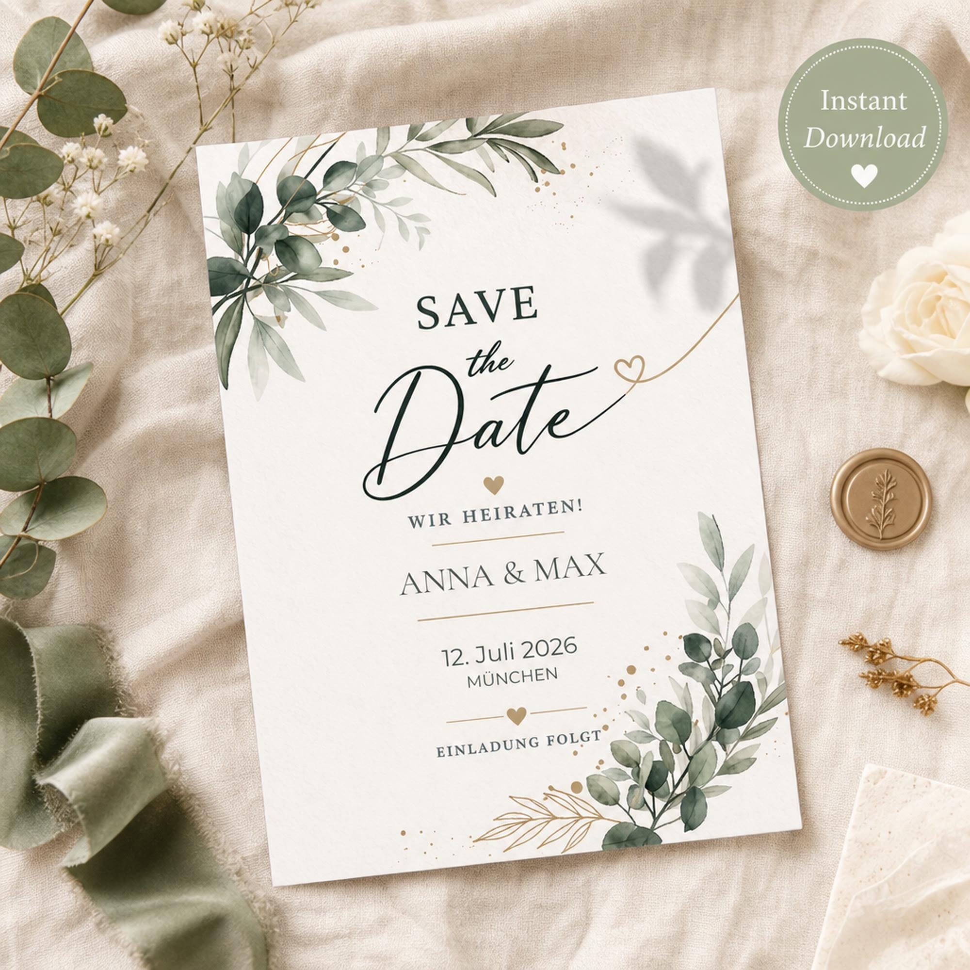 German wedding invitation with green watercolor foliage, gold accents, and text “Save the Date” on beige fabric.