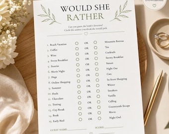 Bridal Shower Would She Rather Game | Sage Green Printable PDF | Bride to Be Wedding Activity