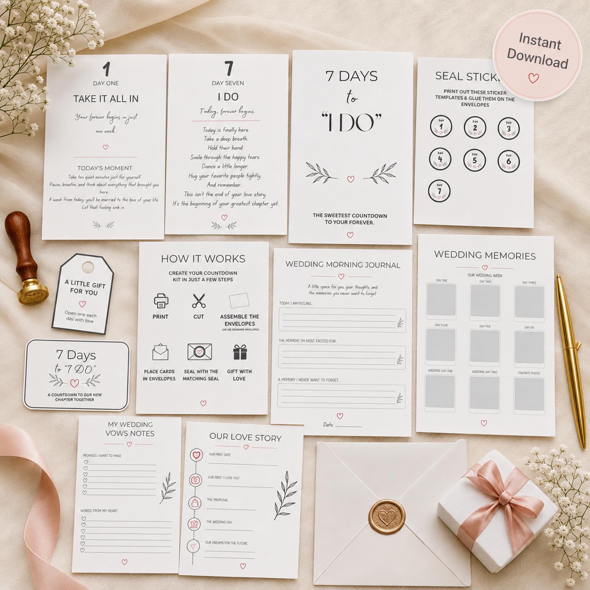 Wedding countdown printable kit with 7-day cards, envelope seals, journal pages, memory cards, envelopes and gift box props