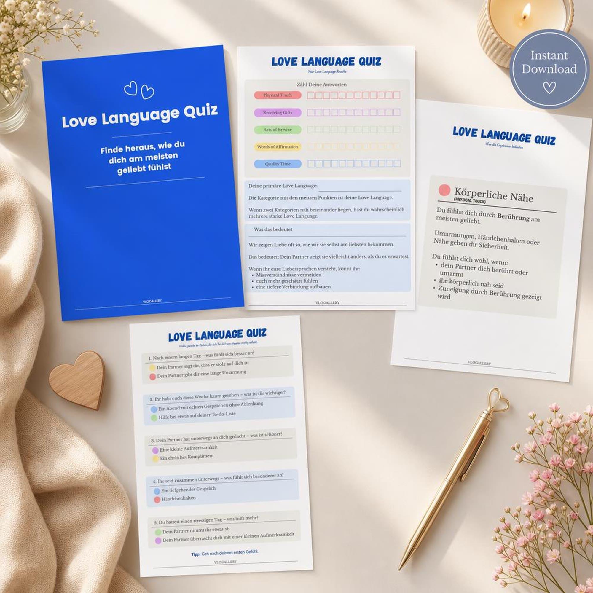 German Love Language Quiz printable worksheets with blue cover, scoring sheet, question page, and explanation card on a beige desk setup