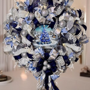 Blue Deco Mesh Christmas Wreath | Pre-Lit LED Holiday Wreath | Remote Control Lights | Battery or Plug-In Front Door Decor