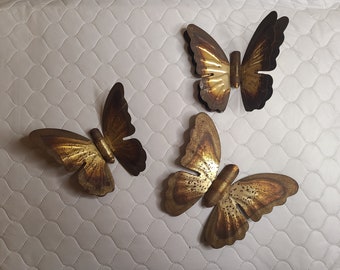 1970s brass butterfly set of three