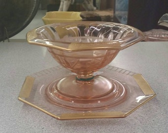 Pink Depression Glass with Gold Trim Compote Bowl and Plate