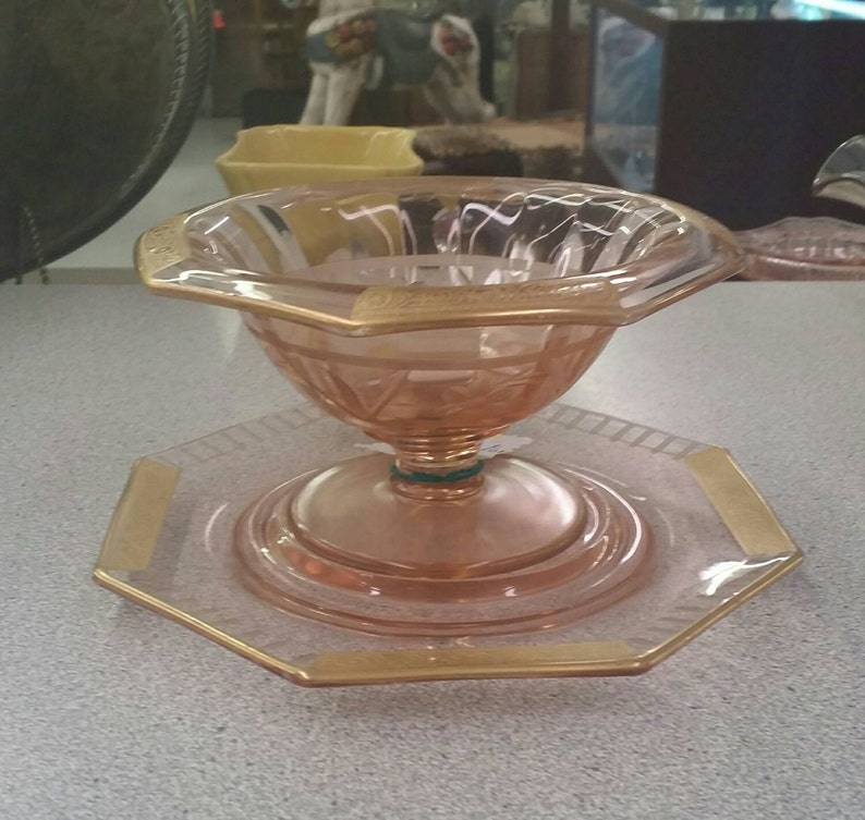 Pink Depression Glass With Gold Trim Compote Bowl and Plate Etsy