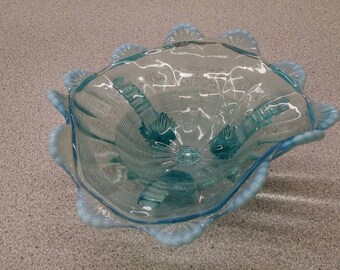 Northwood Antique Glass Candy Dish Fluted Scroll Jackson Klondyke Blue Opalescent Glass