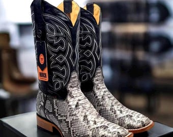 Men Leather Python Print Western Style Cowboy Rodeo Pull-on Ankle