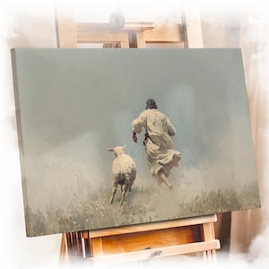Jesus and Lost Sheep Canvas Art: Christian Pastoral Wall Decor