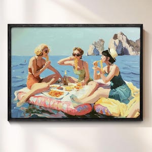 Women Eating Pasta Art Print: Vintage Lake Picnic Canvas