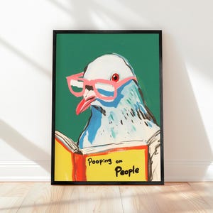 Pigeon drôle lisant caca sur des gens, art humoristique pour salle de bain tendance, impression de salle de bain drôle, décoration d&#39;intérieur drôle, idée cadeau, poster animal drôle