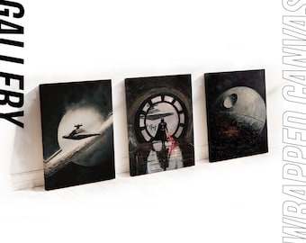 May include: Three wrapped canvas art pieces featuring scenes from a science fiction film. The artwork depicts a spaceship, a character with a red lightsaber, and a space station. The word "GALLERY" is printed vertically on the left.