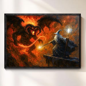 May include: A framed painting depicts a wizard in blue robes facing a fiery demon. The wizard holds a staff with a glowing orb, set against a backdrop of flames. The artwork is framed in a black wooden frame.