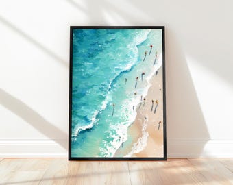 Tiny People Swimming Print: Surfer Art, Beach House Decor