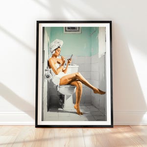 Funny Bathroom Art: Woman on Toilet Canvas Print - Modern Humor Decor