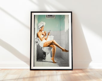 Funny Bathroom Art: Woman on Toilet Canvas Print - Modern Humor Decor