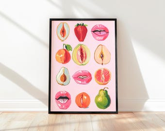 May include: A framed artwork featuring a pink background with painted illustrations of various fruits and lips. The artwork includes a strawberry, peach, pear, and grapefruit, along with several pairs of pink lips.