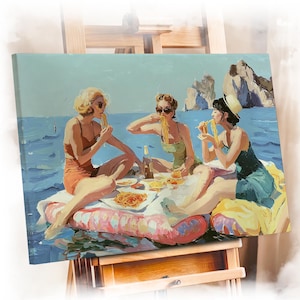 Women Eating Pasta Art Print: Vintage Lake Picnic Canvas