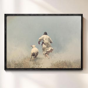 Jesus and Lost Sheep Canvas Art: Christian Pastoral Wall Decor