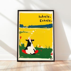 Inhale Exhale Funny Cow Print, Boho Sun Wall Art, Yoga Meditation Poster, Motivational Quote, Mindful Illustration Artwork, Gift Idea