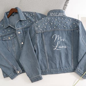 Custom Bride Denim Jacket, Embroidered Future Mrs Jacket, Jean Jacket for Bride, Personalized Bride Pearl Jacket, Bridal Shower Gift Jacket
