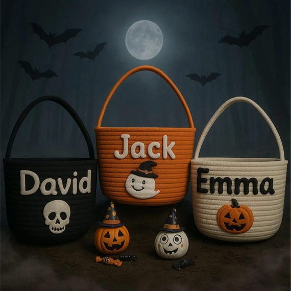 Trick or Treat Halloween Basket, Personalized Basket with Name, Embroidered Halloween Candy Bag, Custom Kids Halloween Bag, Halloween Gifts