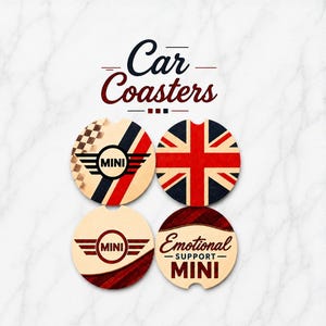MINI Cooper Car Coasters Set of 2 | Ceramic Cup Holder Inserts | R53 Tested | Union Jack, Racing, Woodgrain, and Emotional Support MINI