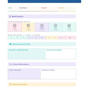 May include: A printable therapy session notes template with a blue header that reads "Therapy Session Notes." The form includes sections for mood check-in, distress level, session focus, clinical observations, and interventions used. The form is labeled "Private & Confidential."