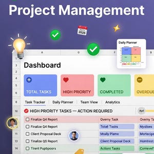 Könnte beinhalten: Digitale Projektmanagement-Vorlage für Excel und Google Sheets. Die Oberfläche zeigt ein Dashboard mit Aufgabenverfolgung, Tagesplaner, Teamansicht und Analysen. Das Design umfasst eine Glühbirne, Häkchen und einen Kalender.