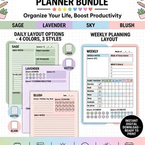 May include: Ultimate PDF daily and weekly planner bundle with daily layout options in 4 colours and 3 styles. Includes weekly planning layout, habit tracker, and mood tracker. The text says "Organise Your Life, Boost Productivity". Instant digital download, ready to print.