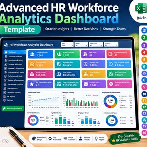 May include: An Advanced HR Workforce Analytics Dashboard template displayed on a screen, featuring colourful data charts, metrics, and navigation menus. The interface includes sections for employee database, payroll, and performance, compatible with Excel and Google Sheets.