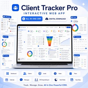 May include: A laptop displaying the Client Tracker Pro interactive web app interface, featuring a dashboard with data visualizations, sales funnels, and task lists. Surrounding the screen are floating panels for messages, tasks, deals, and calendar views.