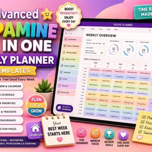 May include: A digital planner displayed on a tablet screen showing a weekly overview and schedule. The image features colorful text including Advanced Dopamine All In One Weekly Planner Templates, a small notepad, a pink mug, and various icons.