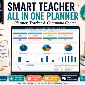 May include: A digital teacher planner displayed on a laptop screen, featuring a dashboard with colorful charts, attendance tracking, and gradebook data. The interface includes text labels like Smart Teacher All In One Planner and Planner, Tracker & Command Center.