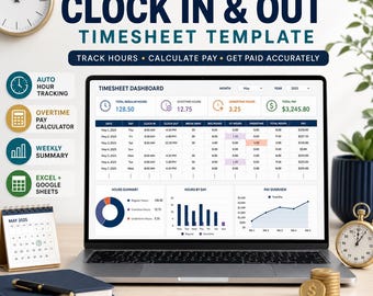 Advanced Clock In & Out Timesheet Template | Auto Hour Tracking, Overtime Pay Calculator | Google Sheets Excel
