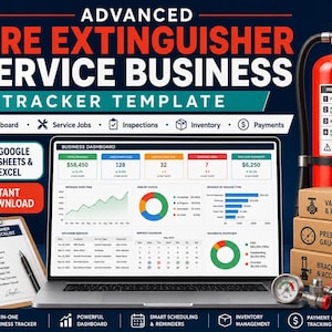 Könnte beinhalten: Eine digitale Business-Tracker-Vorlage für Feuerlöscher-Dienste auf einem Laptop-Bildschirm, inklusive eines roten Feuerlöschers, eines Klemmbretts mit Inspektions-Checkliste und drei gestapelten Kartons mit Ersatzteilen.