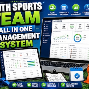 May include: A digital youth sports team management system displayed on a laptop and tablet screen. The interface shows dashboards with attendance, schedules, and performance metrics. A soccer ball, gold trophy, basketball, and whistle are visible.