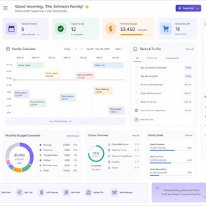 Könnte beinhalten: Ein digitales Dashboard mit dem Titel Family Life Command Center, das einen Familienkalender, Aufgabenlisten, eine monatliche Budgetübersicht, Haushaltsaufgaben und Essenspläne anzeigt. Das Layout nutzt weiße Hintergründe mit violetten Akzenten.