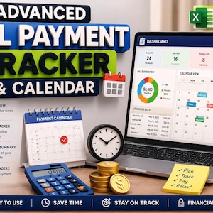 Pode incluir: Uma ferramenta digital de rastreamento de pagamentos de contas e calendário exibida na tela de um laptop, com painel de controle, visualização de calendário, calendário de mesa, calculadora azul, moedas de ouro e um post-it amarelo.