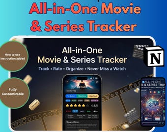 Notion Movie Tracker / Modello per il monitoraggio di film e serie TV / Organizzatore di liste di visione e diario cinematografico / Registro e pianificatore di recensioni di film digitali dall'aspetto estetico