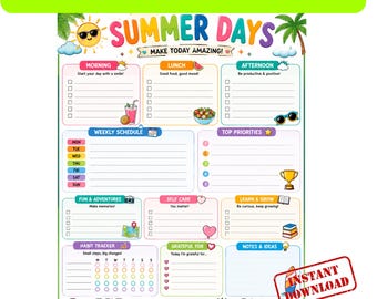 Pacchetto agenda estiva per bambini intelligenti / Programma giornaliero per ADHD / Lista di cose divertenti da fare in estate e calendario / Spunto di riflessione quotidiano / Tabella della routine estiva