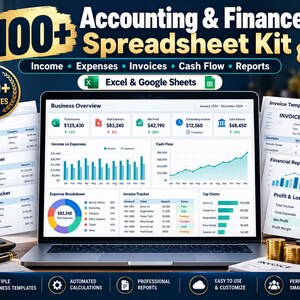 May include: A digital accounting and finance spreadsheet kit for Excel and Google Sheets, featuring a laptop screen displaying a business overview dashboard with charts, income, expenses, and invoice trackers on printed paper templates.