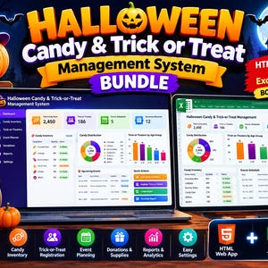 May include: A digital Halloween Candy & Trick or Treat Management System bundle featuring an HTML web app and Excel template. The display shows dashboards with candy inventory, event schedules, and distribution charts, surrounded by pumpkins and candy.