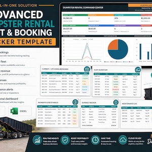 May include: A digital dashboard template for dumpster rental management, featuring charts, booking tables, fleet inventory, expense trackers, and maintenance logs. The interface displays financial data, operational status, and service schedules for professional use.