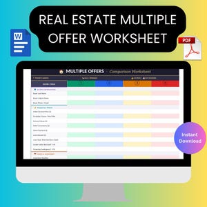 May include: A computer monitor shows a real estate multiple offer worksheet. The screen displays a comparison chart with fields for buyer details and offer terms. The image includes a Word document icon, a PDF icon, and an "Instant Download" button.