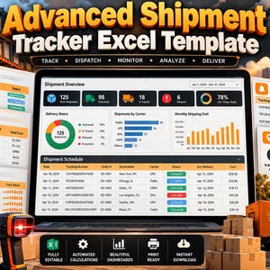 Pode incluir: Um modelo de Excel para rastreamento avançado de remessas exibido em uma tela de laptop, apresentando um painel de visão geral com gráficos, uma tabela de cronograma de envios e métricas de status de entrega em laranja, azul e verde.