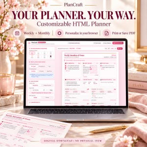 May include: A laptop displaying a customisable HTML planner interface titled PlanCraft with sections for weekly intentions, habit trackers, and gratitude notes. The screen shows pink and white text, icons, and a digital download notice at the bottom.