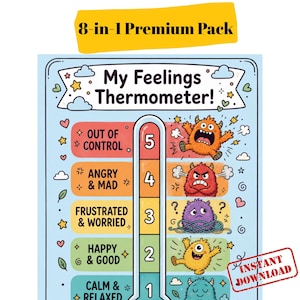 Może przedstawiać: Kolorowy wykres termometru uczuć z tekstem "My Feelings Thermometer!" i ilustracjami potworów z kreskówek reprezentujących różne emocje. Wykres zawiera tekst "Out of Control", "Angry & Mad", "Frustrated & Worried", "Happy & Good" i "Calm & Relaxed".